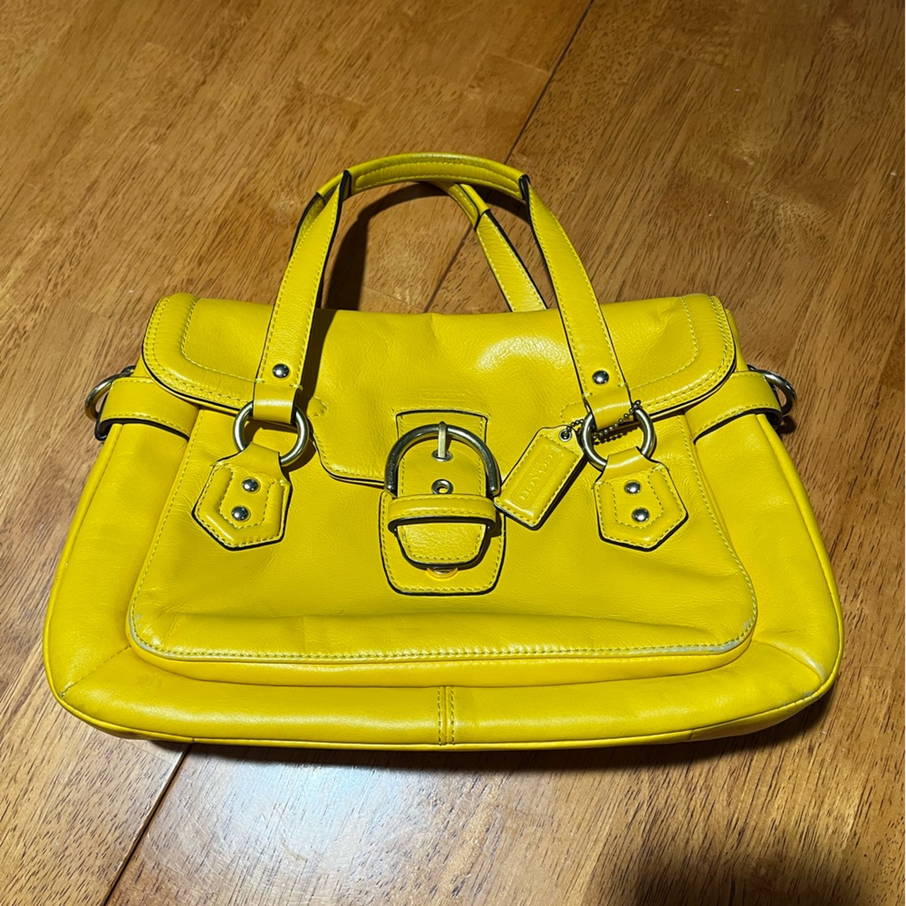 Coach Yellow Leather Shoulder Bag with Buckle Detail